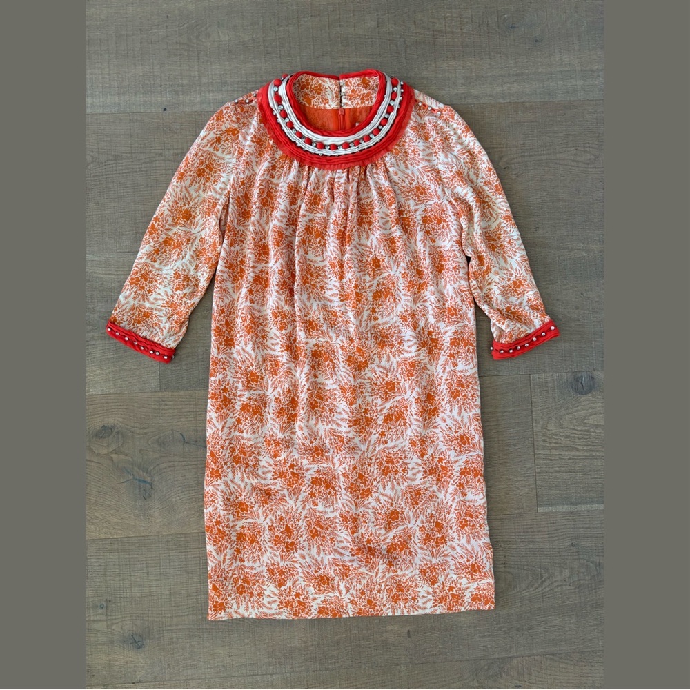 3.1 phillip lim orange 100% silk floral print embellished neck dress